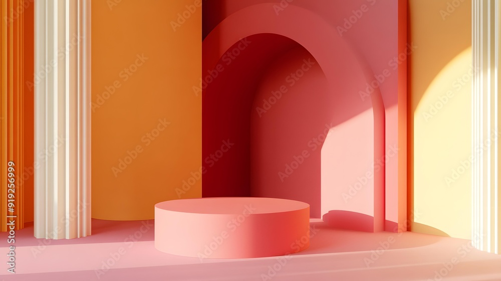 Abstract Geometric Shapes Background With Minimalist Pink Platform
