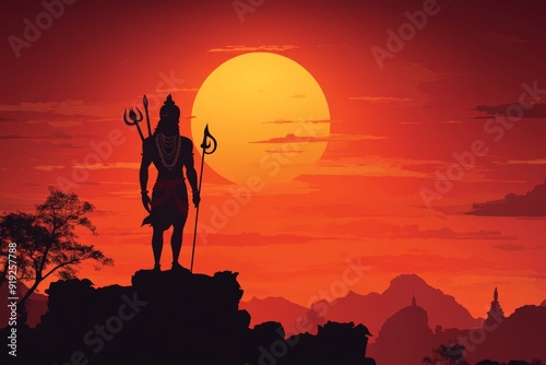 A majestic scene of a sunset casting a warm glow over an ancient Indian temple, with the silhouette of a warrior standing in the foreground, embodying history and valor. photo