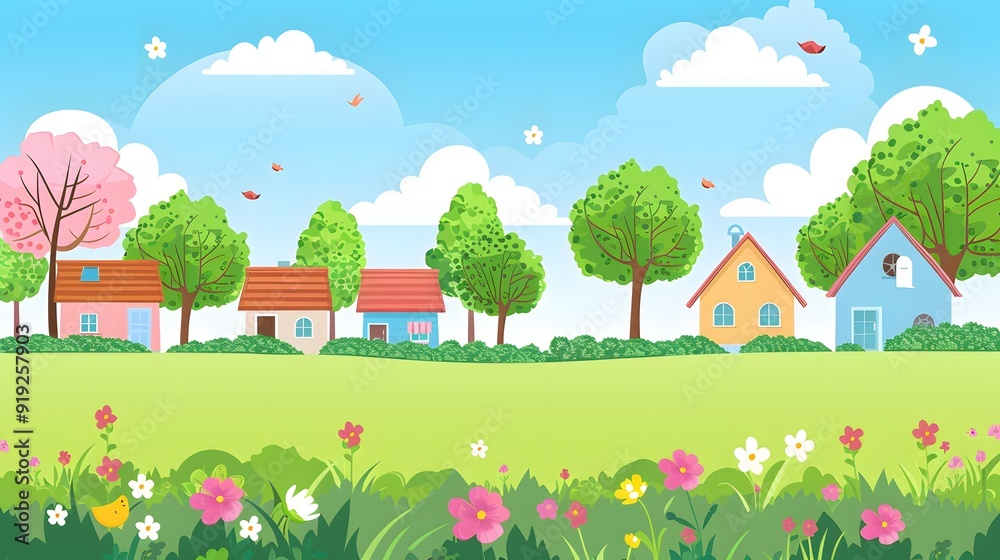 Cute Cartoon Illustration of Spring Village with Flowers and Trees Cute Cartoon Illustration of Spring Village with Flowers and Trees
