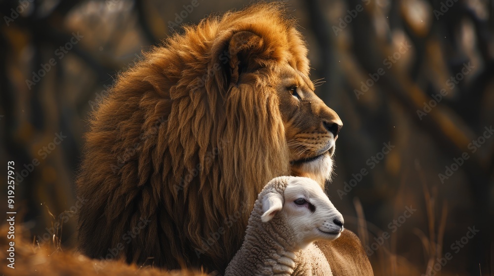Naklejka premium Lion and sheep together in a serene moment during golden hour in a natural setting