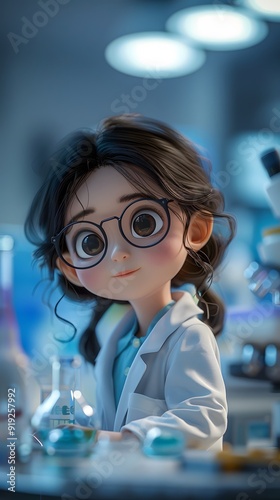 An adorable Asian girl engaged in a children's educational activity, conducting research in a laboratory with a microscope. The scene captures a playful and inquisitive atmosphere, emphasizing the imp