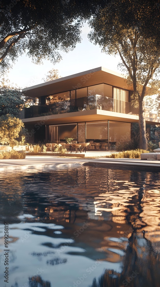 Fototapeta premium Modern Architecture House With Swimming Pool and Trees