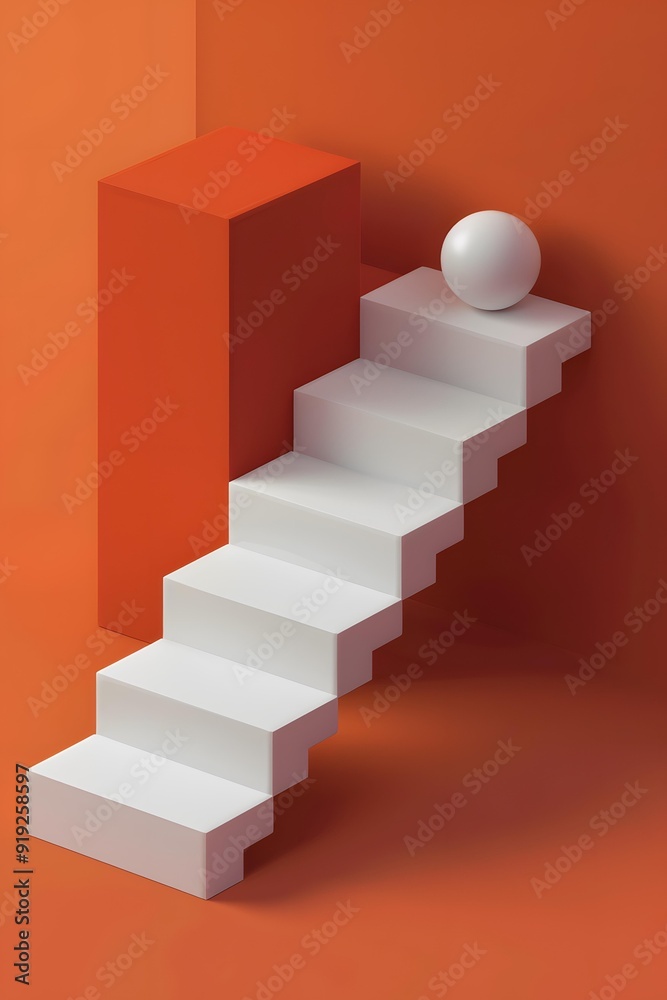 White Stairs Leading Up to a Sphere on an Orange Background White Stairs Leading Up to a Sphere on an Orange Background