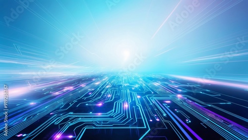 Futuristic Digital Landscape: Glowing Circuits and Pulsing Lines on a Radiant Blue Background