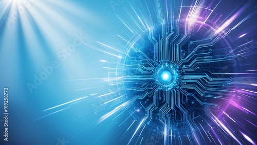 Futuristic Digital Landscape: Glowing Circuits and Pulsing Lines on a Radiant Blue Background