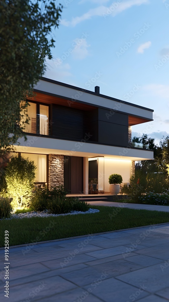 Modern House with Stone Wall and Lush Greenery at Dusk Modern House with Stone Wall and Lush Greenery at Dusk