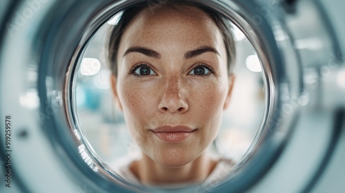 A close-up view of a woman's face seen through a medical device, focusing on her hopeful eyes, representing health care, anticipation, and professional medical evaluation. photo