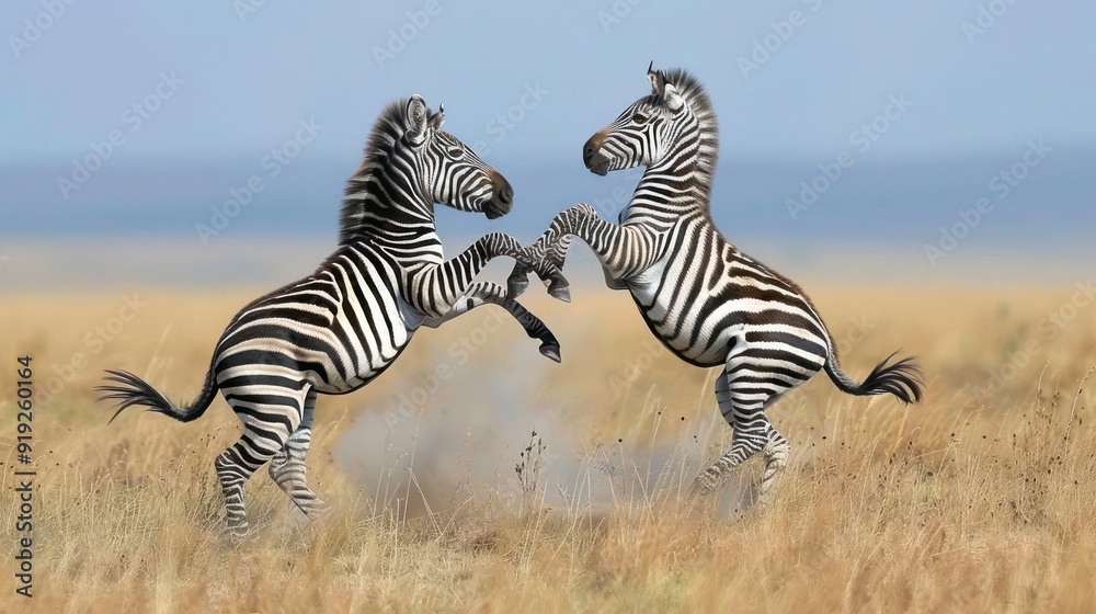 Obraz premium two zebras engaged in an altercation on the plains. One zebra appears to be delivering a kick,