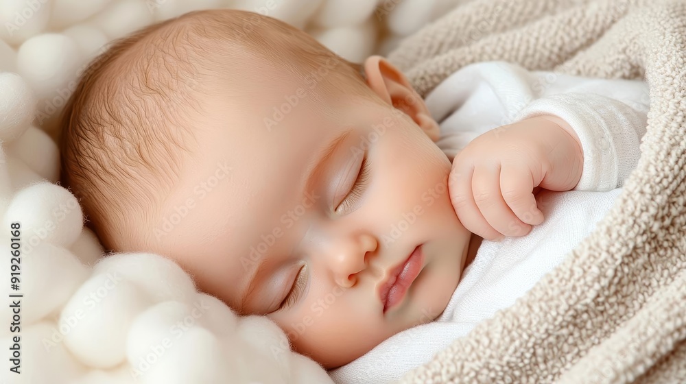 A detailed image of a newborn baby sleeping peacefully in a cozy blanket, with soft lighting and delicate features in focus A detailed image of a newborn baby sleeping peacefully in a cozy blanket, with soft lighting and delicate features in focus