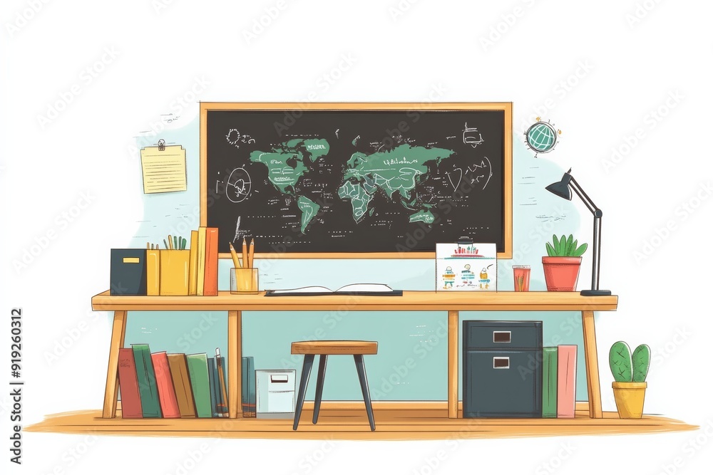 An illustrated study desk setup in a classroom, featuring books, pencils, and a chalkboard with a world map. An illustrated study desk setup in a classroom, featuring books, pencils, and a chalkboard with a world map.