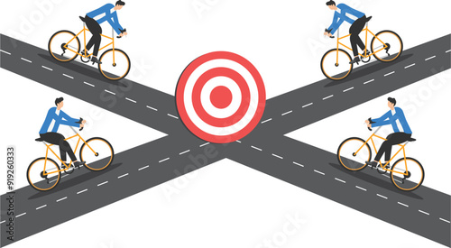 mens each go their own way to the goal with an arrow, the road to business success

