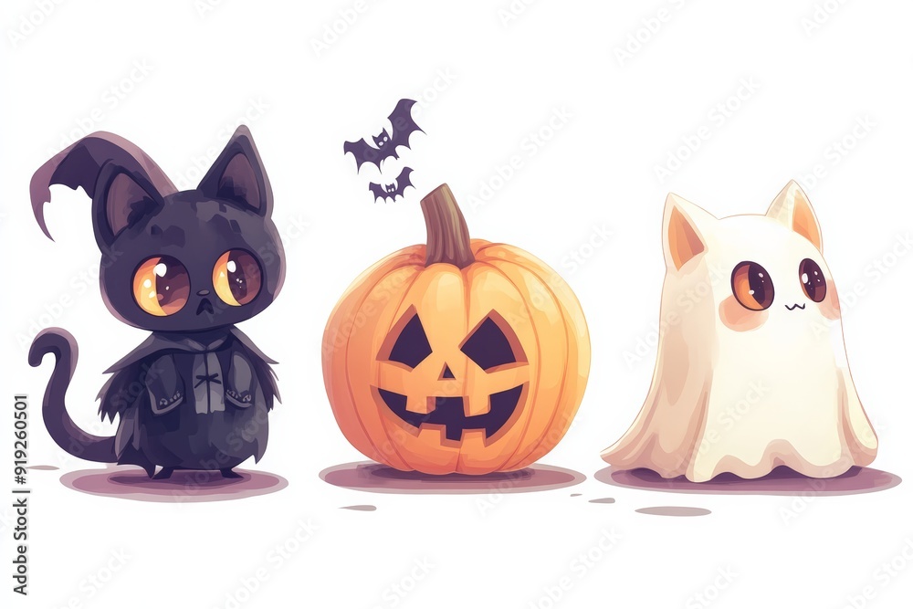 A playful illustration featuring cute black cats in witch hats and ghosts, ideal for Halloween celebrations.