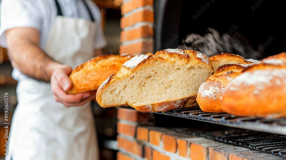 A realistic portrayal of a baker pulling freshly baked bread from a brick oven, with the crusts golden and steam rising in the warm, rustic bakery A realistic portrayal of a baker pulling freshly baked bread from a brick oven, with the crusts golden and steam rising in the warm, rustic bakery