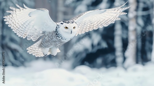 A realistic portrayal of a snowy owl in flight, wings spread wide, with a snow-covered forest below and the cold winter sky above