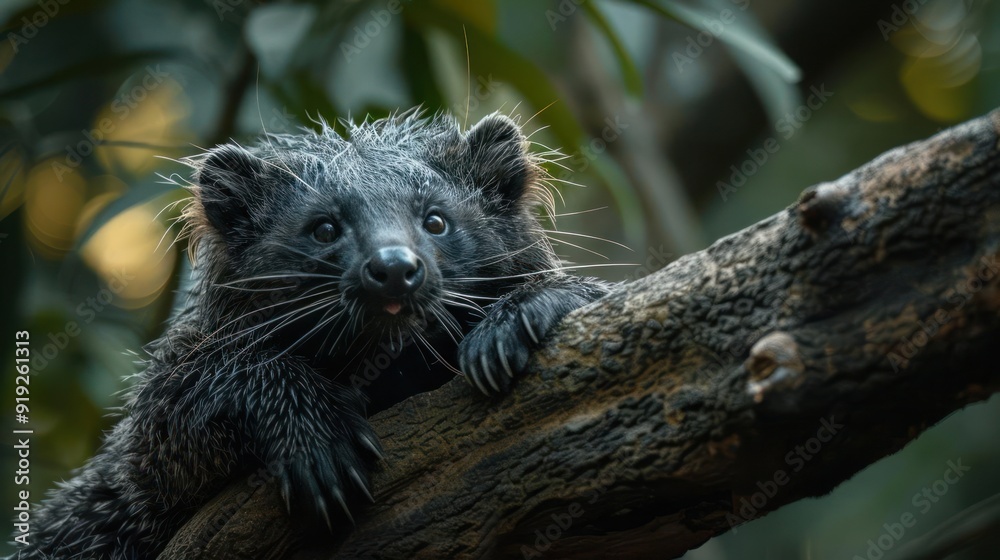 Naklejka premium A close-up photo of a raccoon perched on a tree branch.