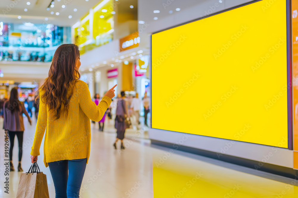 Woman in a yellow sweater checks digital display while shopping in a busy mall Woman in a yellow sweater checks digital display while shopping in a busy mall