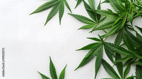 Marijuana leaves on a white background, close up top view on cannabis leaves and branches on white background for alternative medical and marketing design concept