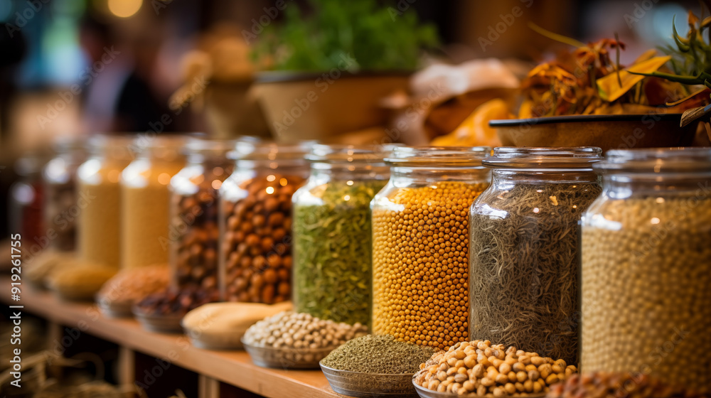 Wide Range Of Organic Grains And Spices In Glass Jars On Display At A Farmers Market With Fresh Herbs In The Background Wide Range Of Organic Grains And Spices In Glass Jars On Display At A Farmers Market With Fresh Herbs In The Background