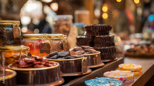 Artisan Chocolate and Sweet Treats in Glass Jars with a Warm Market Ambience