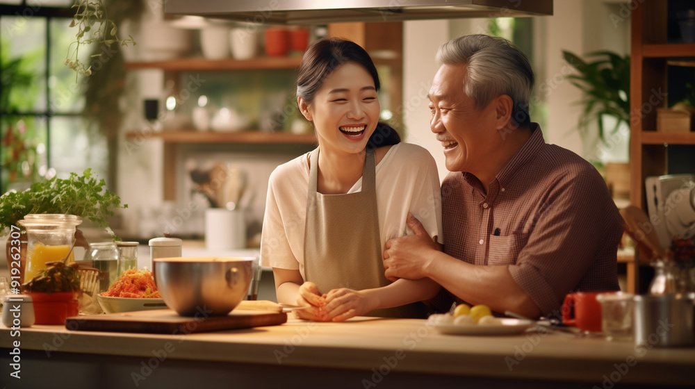 Happy asian family of elderly father and his adult daughter cooking Happy asian family of elderly father and his adult daughter cooking