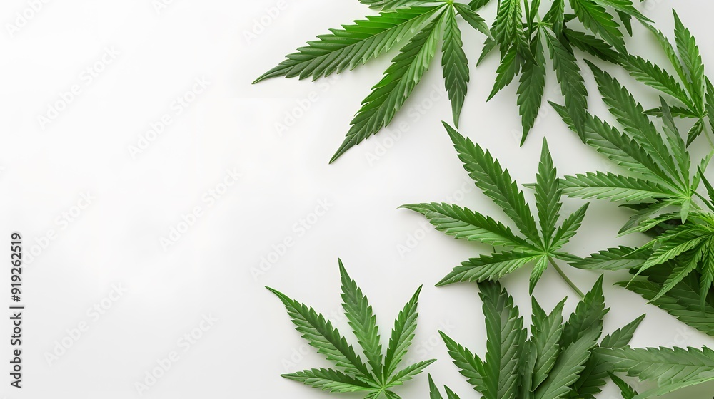 Marijuana leaves on a white background, close up top view on cannabis leaves and branches on white background for alternative medical and marketing design concept Marijuana leaves on a white background, close up top view on cannabis leaves and branches on white background for alternative medical and marketing design concept