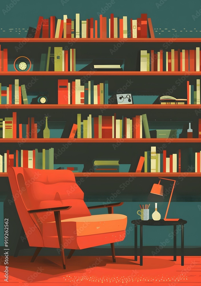 Bookcase with a Red Armchair and a Side Table Bookcase with a Red Armchair and a Side Table