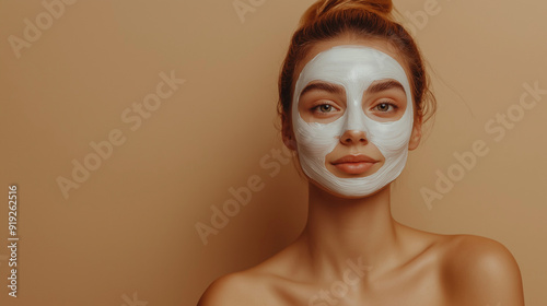 A young European lady poses with a facial mask, enjoying beauty treatments, stood over a beige studio background, and looks directly at the camera