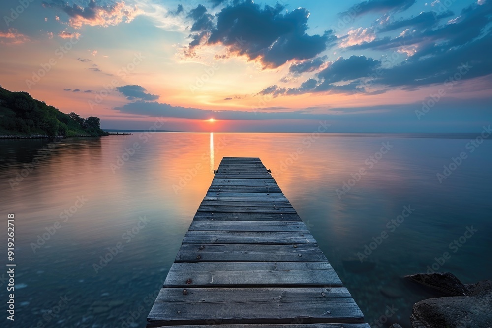 Fototapeta premium A wooden dock stretches out into the calm water, perfect for a relaxing day or a romantic getaway