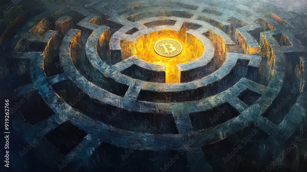 Oil painting of an intricate maze with a glowing Ethereum coin at the center Oil painting of an intricate maze with a glowing Ethereum coin at the center