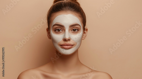 A young European lady poses with a facial mask, enjoying beauty treatments, stood over a beige studio background, and looks directly at the camera