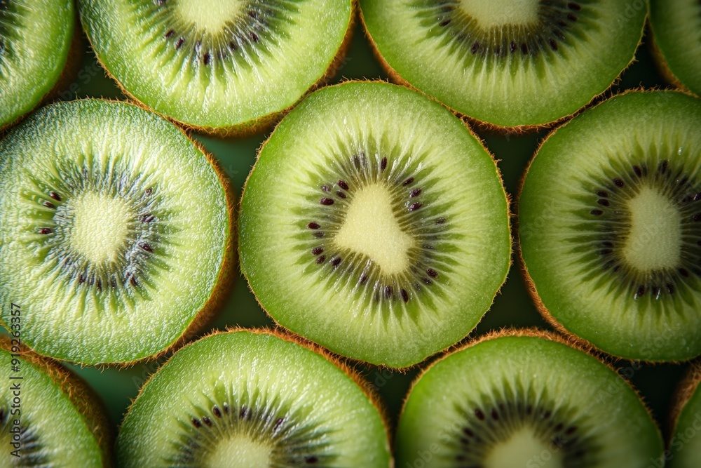 Close-up of sliced kiwi fruit showing vibrant green flesh and seeds. Close-up of sliced kiwi fruit showing vibrant green flesh and seeds.