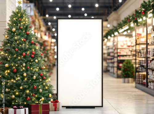 Christmas tree decorated with lights and gifts near a blank display board in a festive shopping environment