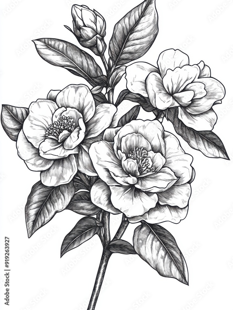 Black and white Vintage engraved art of a gardenia bouquet, isolated on ...