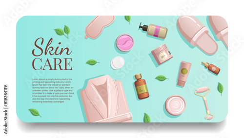 Items for self-care. Spa, aromatherapy and wellness products. . Scented candle, essential oil, soap, stones, leaves. Massage salon items vector illustration