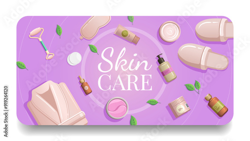Items for self-care. Spa, aromatherapy and wellness products. . Scented candle, essential oil, soap, stones, leaves. Massage salon items vector illustration