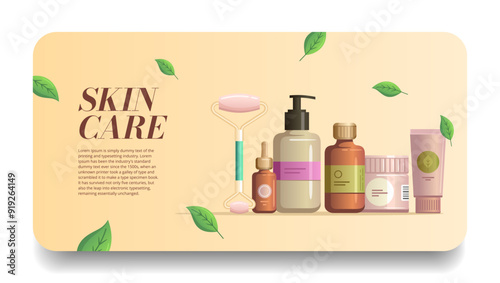 Items for self-care. Spa, aromatherapy and wellness products. . Scented candle, essential oil, soap, stones, leaves. Massage salon items vector illustration
