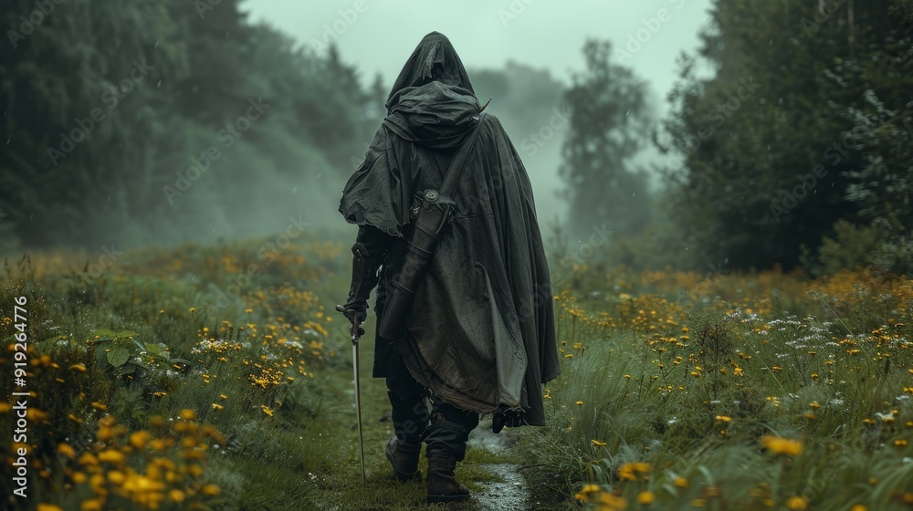 Mysterious figure walking through a foggy meadow filled with wildflowers in early morning light Mysterious figure walking through a foggy meadow filled with wildflowers in early morning light