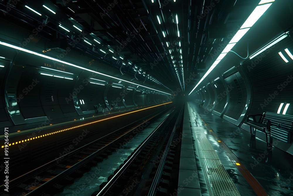 Futuristic Train Station Platform with Neon Lights and Tracks Futuristic Train Station Platform with Neon Lights and Tracks