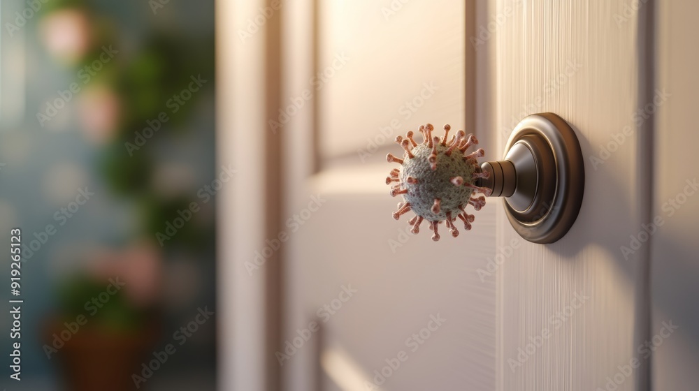 A surreal conceptual image of a doorknob with a virus model, representing the transmission of diseases. Focuses on hygiene and safety. A surreal conceptual image of a doorknob with a virus model, representing the transmission of diseases. Focuses on hygiene and safety.