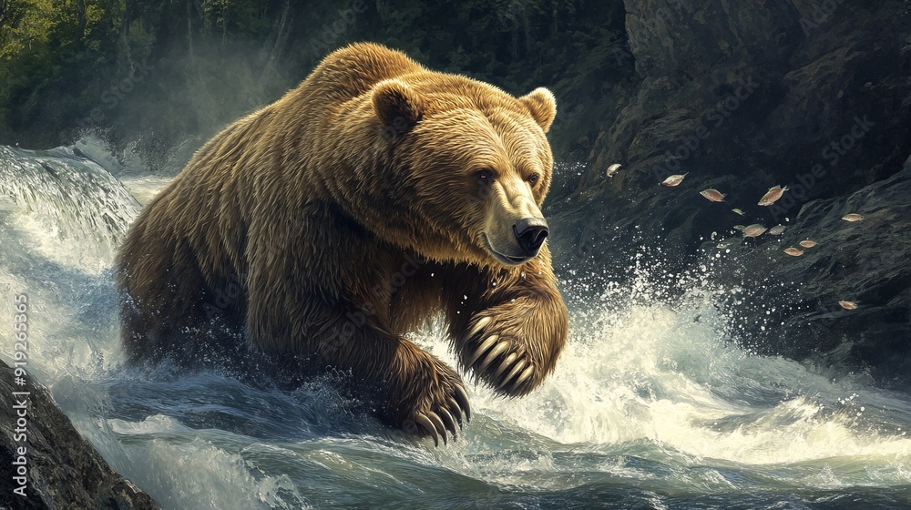Fototapeta premium Hyperrealistic Bear Fishing in Rushing River: Stunning AI Art