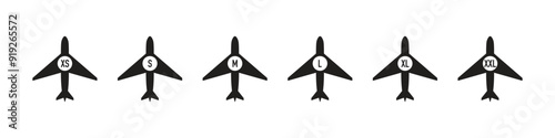 A set of airplanes with sizes XS, S, M, L, XL, XXL, a table of sizes of clothes, suitcases and other things, size tags.