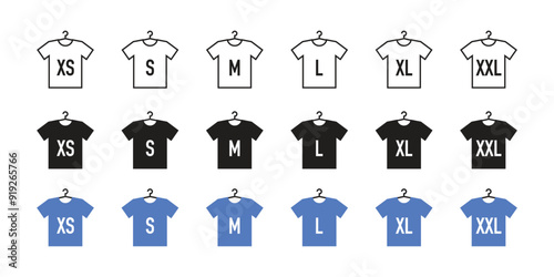 A set of T-shirts with size markings XS, S, M, L, XL, XXL, clothing and T-shirt sizes, size tags.