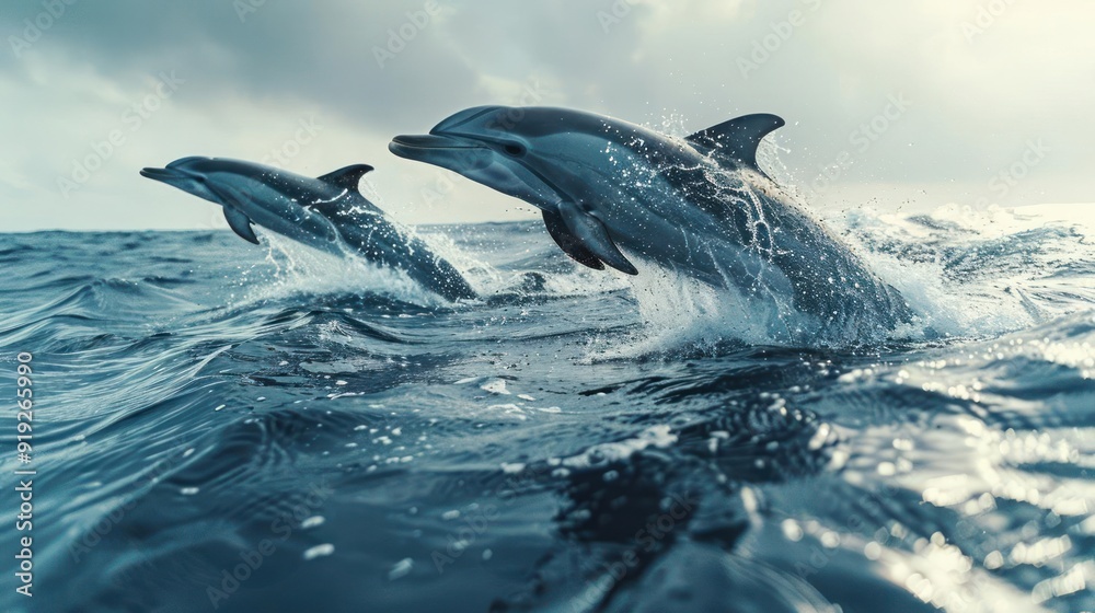 Fototapeta premium A pair of grey dolphins leaping out of a body of water.