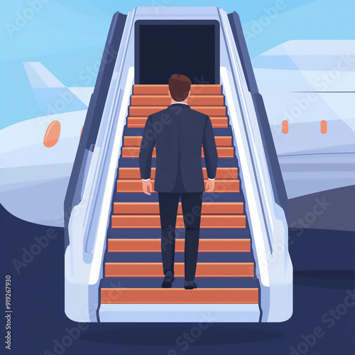 Elegant Businessman on Business Trip Getting Off Airstair - Ideal Vector for High-End Banners and Billboards photo