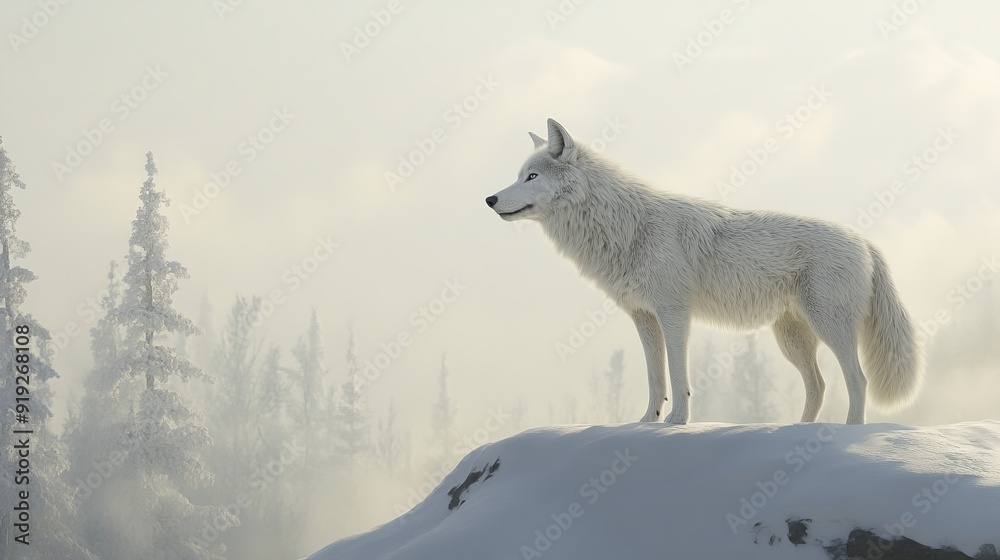 Obraz premium Hyperrealistic Lone Wolf Standing on a Mountain Peak - Stunning Digital Art