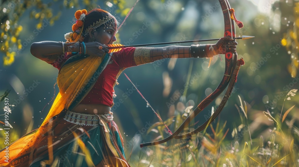 Dynamic Indian Archer Aiming in an Action-Packed Moment Dynamic Indian Archer Aiming in an Action-Packed Moment