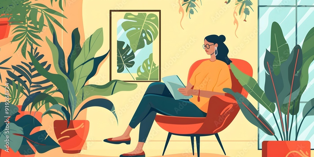 Woman Reading a Book in a Room with Plants