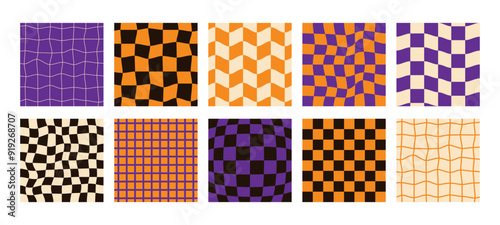 Halloween distorted checkered seamless patterns set. Psychedelic retro backgrounds 60s 70s style.