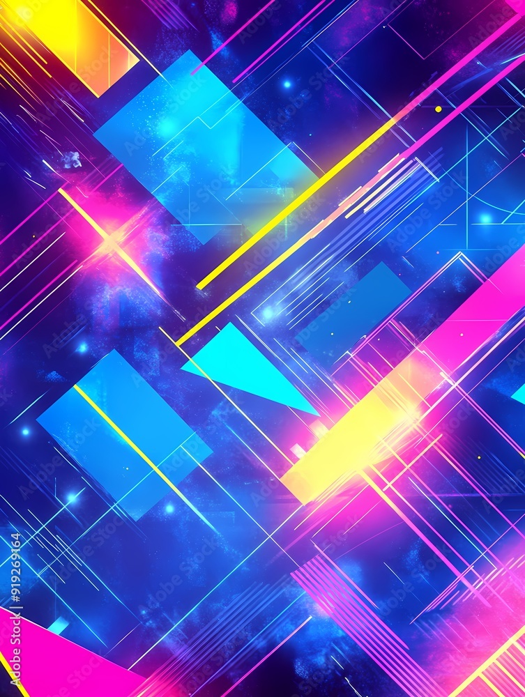 Abstract geometric shapes with bright neon colors on a blue background with light streaks. Abstract geometric shapes with bright neon colors on a blue background with light streaks.