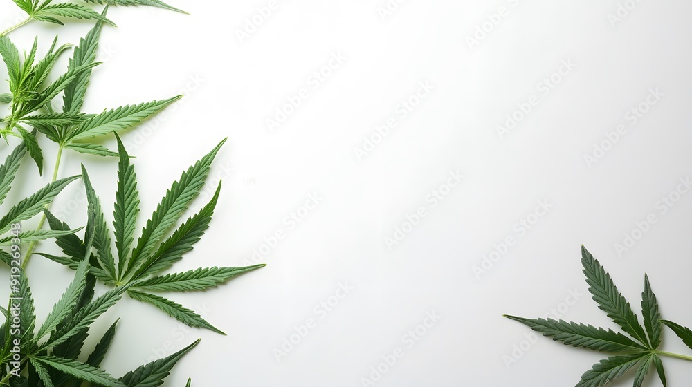 Marijuana leaves on a white background, close up top view on cannabis leaves and branches on white background for alternative medical and marketing design concept Marijuana leaves on a white background, close up top view on cannabis leaves and branches on white background for alternative medical and marketing design concept